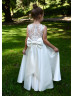 Ivory Satin Lace Pearl Buttons Back Classic Flower Girl Dress